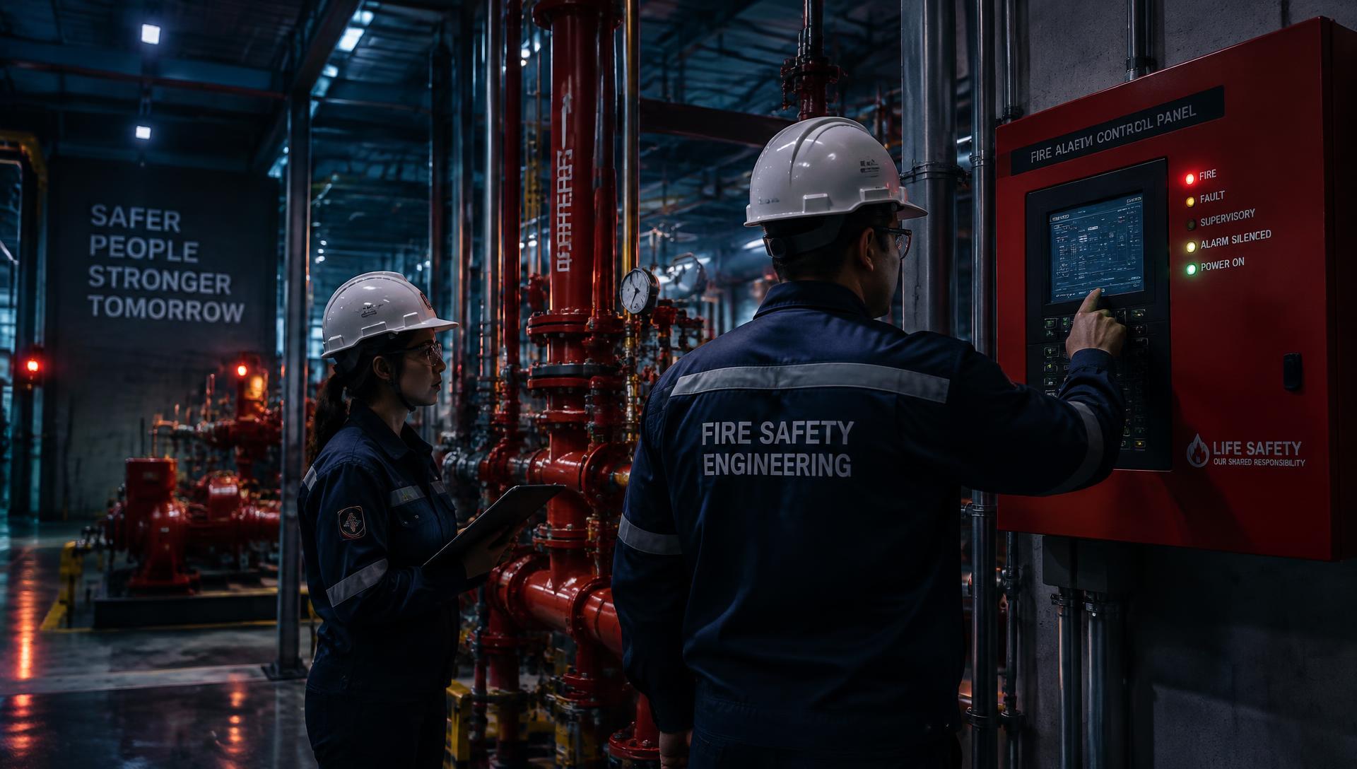 Safety engineers inspecting a fire alarm control panel in an industrial facility